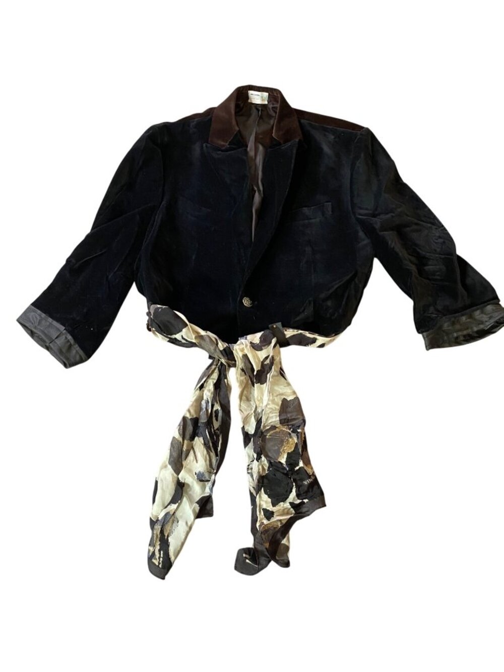 Brown Velvet Blazer Silk Scarf Belt Accent Repurposed Bachrach Jacket Large